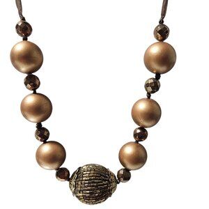 Elegant Bronze Toned Beaded Necklace Metallic Bead Centerpiece Fashion Jewelry